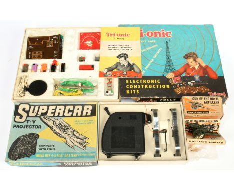 Bell Toys Ltd "Supercar" Projector with film strips, Triang - Electronic Kit and Britains 9710 Field Gun - conditions are Goo