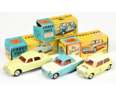 Corgi Toys Group Of 3 - (1) 208S Jaguar 2.4 Liter - Primrose body, red interior, silver trim and spun hubs, (2) 227 Morris Mi