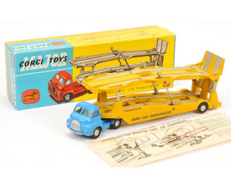 Corgi Toys 1101 Bedford Type S Carrimore Car Transporter - Mid-blue cab with silver trim, flat spun hubs and trailer yellow, 