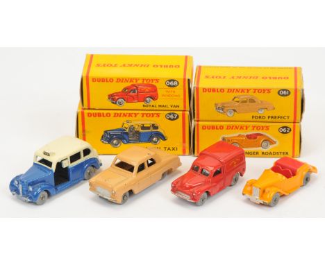 Dinky Toys (Dublo) Group Of 4 - (1) 061 Ford Perfect - Light tan, (2) 062 Singer roadster - Yellow red interior, (3) 067 Aust