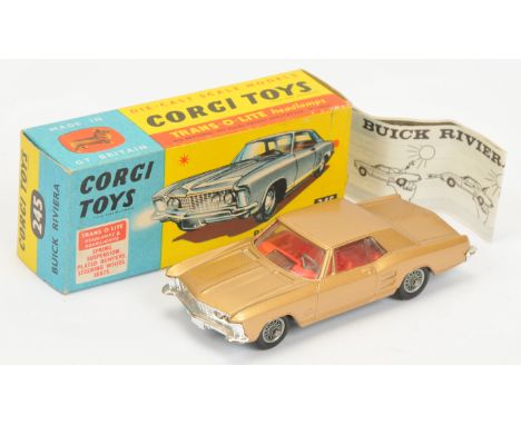Corgi Toys 245 Buick Rivera - Gold Body, red interior, chrome bumpers, wire wheels, grey plastic tow hook, with "Trans-O-Lite