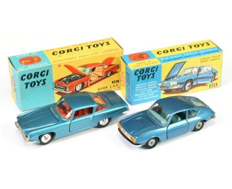 Corgi Toys A Pair - (1) 241 Ghia L.6.4 - Blue body, red interior, chrome trim, spun hubs and 332 Lancia Fulvia Sport Zagato -