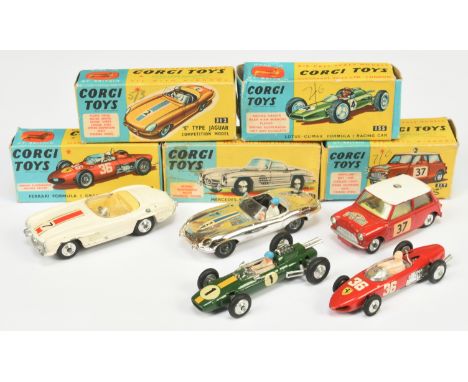 Corgi Toys Group Of 5 - (1) 154 Ferrari F1, (2) 155 Lotus-Clmax F1, (3) 303S Mercedes 300SL "Competition Model", (4) 312 Jagu