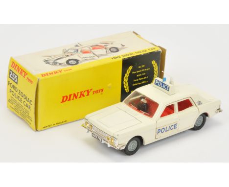 Dinky Toys 255 Ford Zodiac "Police" Car - Off white body, red interior, chrome trim, roof box with blue light and aerial, cas