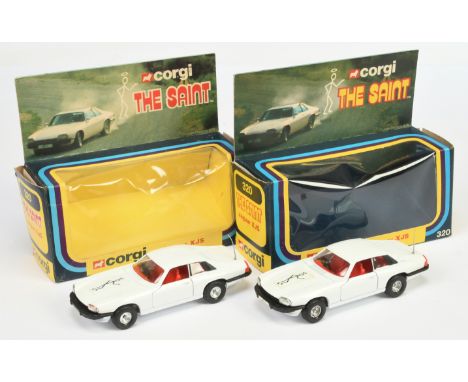 Corgi Toys 320 "The Saint" Jaguar XJS A pair - (1) White body, black trim, red interior, aerial, dish wheels and (2) same - c