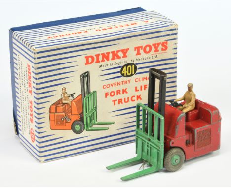 Dinky 401 Coventry Climax Fork Lift Truck - RARE Red body, black mast, green forks and rigid hubs, light tan figure driver - 