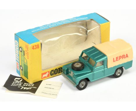 Corgi Toys 438 land Rover (109 WB) "Lepra" - Metallic Green, cream plastic canopy, lemon interior, silver trim, plastic tow h