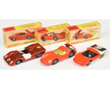 Dinky Toys Group of 3 - (1) 202 Fiat Abarth - fluorescent, white, black including interior, Speedwheels, (2) 204 Ferrari P5 R