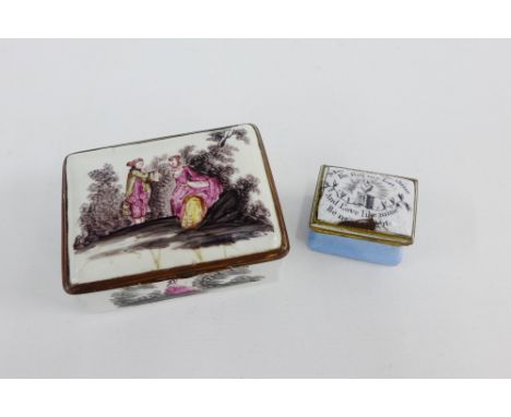 18th century enamel box, the hinged lid opening to reveal a painted panel of a female, together with another smaller, largest