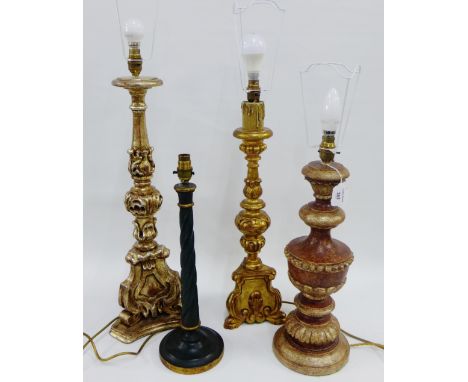 Group of four faux giltwood candlesticks of various shape and design, tallest excluding light fitting, 61cm, (4) 