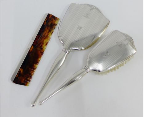 Birks Sterling silver backed dressing table brush set comprising hand mirror, hair brush and comb (3) 