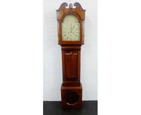 19th century mahogany longcase clock, with broken swan pediment over enamel dial inscribed Alex Nimmo, Linlithgow, with three