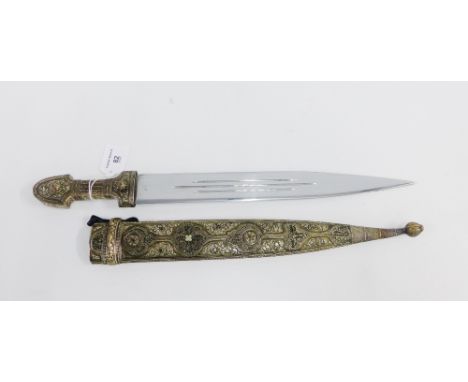 Dagger with silver plated grip and sheaf with filigree and foliate decoration, possibly Russian, size overall 52cm 