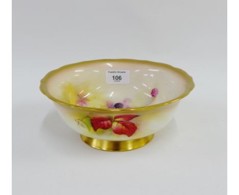 Royal Worcester fruit painted porcelain bowl, signed by Kitty Blake, with puce printed backstamp, 20cm across