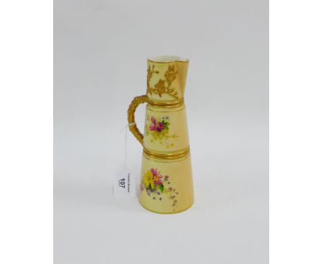 Royal Worcester blush ivory tapering jug with gilt handle and hand painted floral sprays, with puce backstamps and registrati