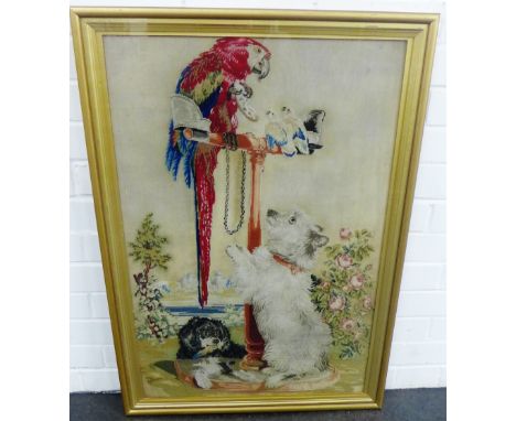Gilt framed tapestry of a Parrot and two Dogs, 90 x 64cm