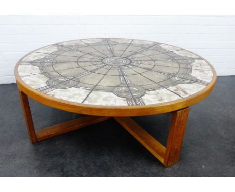 Danish circular tile topped coffee table, stamped Trioh of Denmark, 44 x 126cm