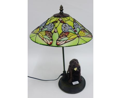 After Mene, Art Nouveau style table lamp base with coloured glass shade, height overall 52cm 