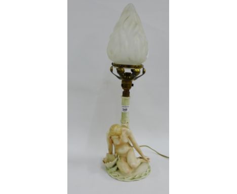 Art Nouveau continental porcelain figural table lamp base, together with an opaque glass shade, height excluding light fittin