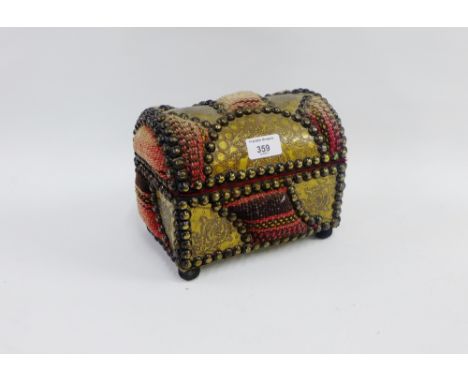 Brass and Kelim miniature chromed top trunk with brass studs on four bun feet, 20 x 16cm 