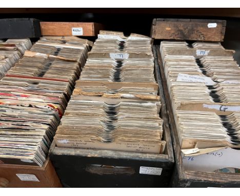 Vinyl - Large quantity of approx 700 7" singles in 5 storage crates including rock &amp; pop, featuring Jimi Hendrix, The Gun