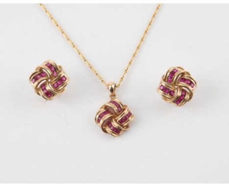 Vintage ruby necklace and earrings set, each is set with round cut rubies, in a woven design, the pendant is on a fine gold c