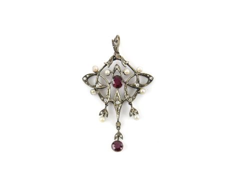 Art Nouveau ruby, diamond and pearl pendant, set with a central oval cut ruby, in an openwork surround set with old cut diamo