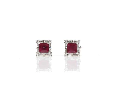 Pair of ruby and diamond earrings, square cut rubies with a surround of baguette cut and round brilliant cut diamonds, mounte