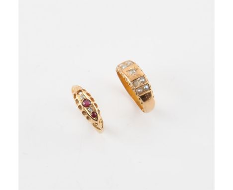 Two Edwardian rings, one with ruby and diamonds and the other set with seed pearls and a diamond, both in 18 ct yellow gold, 