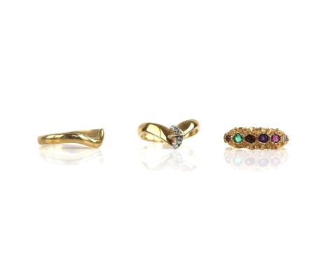 Three gold rings, including a multi-gem set ring, with ruby, garnet, diamond, emerald, amethyst, ring size N, together with a