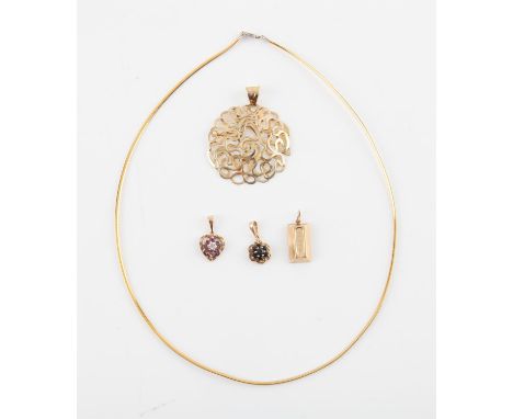 Four pendants, including a sapphire cluster, a ruby and diamond cluster, a bullion bar pendant and an abstract pendant, toget