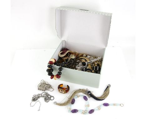 Selection of costume jewellery, including a turquoise and silver bangle, a necklace signed Monet, a Trifari serpent bangle, a