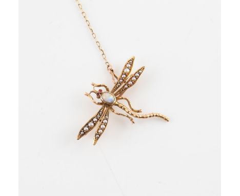 An opal, ruby and pearl dragonfly brooch, with round cabochon cut ruby eyes, an oval cabochon cut opal thorax, and seed pearl