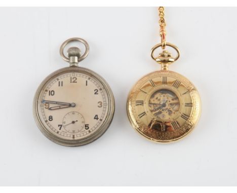 Military Open face pocket watch, unsigned dial with Arabic numeral hour markers,railway minute track, subsidiary seconds dial