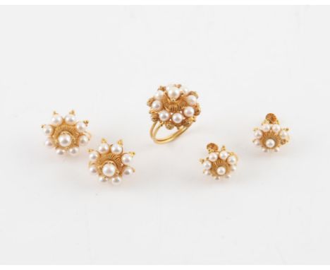 Pearl earrings and matching ring, two pairs of ornate floral dome style earrings, with screw backs, one pair slightly larger,