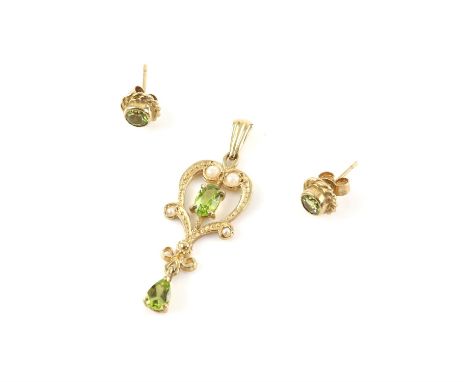 Peridot and seed pearl pendant, openwork pendant set with an oval cut peridot and a pear shaped peridot drop, in 9 ct yellow 
