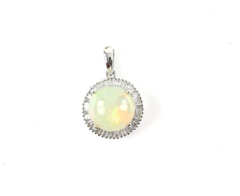 Opal and diamond pendant, round cabochon cut opal measuring an estimated 10.07 x 10.03 x 5.53mm, surrounded by tapered baguet