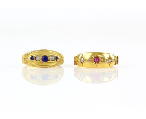 Two antique gypsy rings, including a ruby and diamond ring, with three rubies and one diamond, in 18 ct yellow gold, size N, 