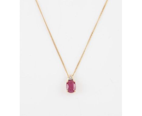 Ruby and diamond pendant, oval cut ruby with three single cut diamonds set on top, on a yellow gold chain, length 46cm, all i
