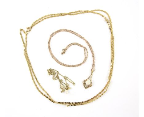 Two gold necklaces, an oval opal mounted in an openwork setting, in tested 9 ct yellow gold, on a curb link chain, stamped 9 