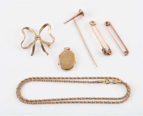 Collection of gold jewellery including a bi-colour rope necklace, a horn stick pin, a safety pin bar brooch, a diamond set ba