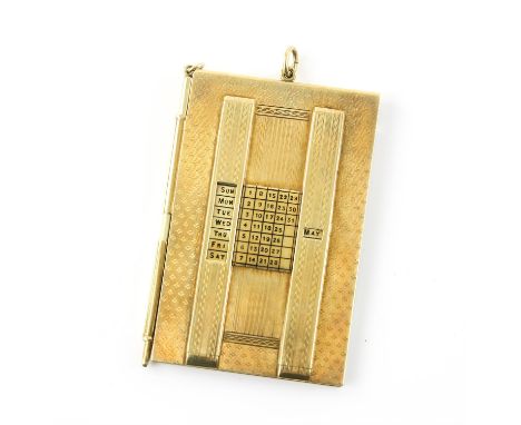 Gold calendar pendant by Black Starr & Frost, a panel with sliding days and months, painted in black enamel, a pencil slotted