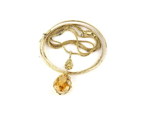 Single stone citrine pendant on a textured flat snake chain, with a box clasp and safety catch, length 44cm, together with a 