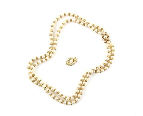 Two row pearl necklace, pearl necklace with a filigree clasp set with a pearl, and ridged spacers, in stamped 14 ct gold, len