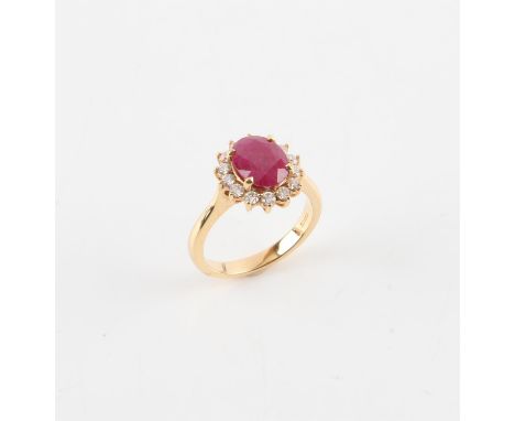 Ruby and diamond cluster ring, oval ruby, estimated weight 2.92 carats, with a surround of round brilliant cut diamonds, moun