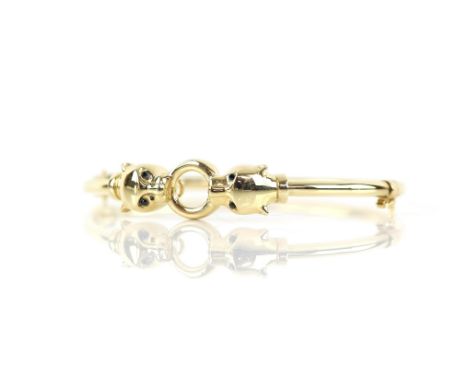 Panther head bangle, double panther head hinged bangle , with safety catch, in stamped 9 ct yellow gold, diameter 6 cm, bangl