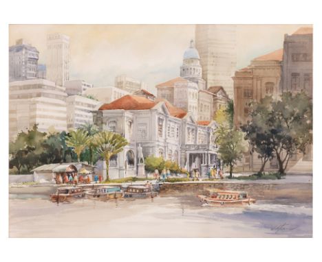 TAN LEONG KHENG (SINGAPORE, B.1938) - SINGAPORE RIVER SCENE
A view of Empress place with the statur of Sir Stamford Raffles f