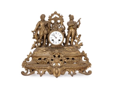 A FRENCH GILT-SPELTER FIGURAL MANTEL CLOCK
Circa 1900, decorated in figures of two gentlemen, dual-format enamelled dial, wit