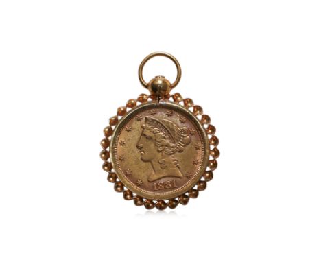 AN 1881 AMERICAN 'LIBERTY HEAD' $5 GOLD COIN PENDANT
In removable fob-type gold mount
36mm high
11.4g
Ownership Statement: Th