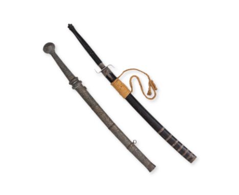 TWO BURMESE DHA SWORDS
20th century, steel blade with inset silver decoration and Burmese-Mon script, base metal scabbard and